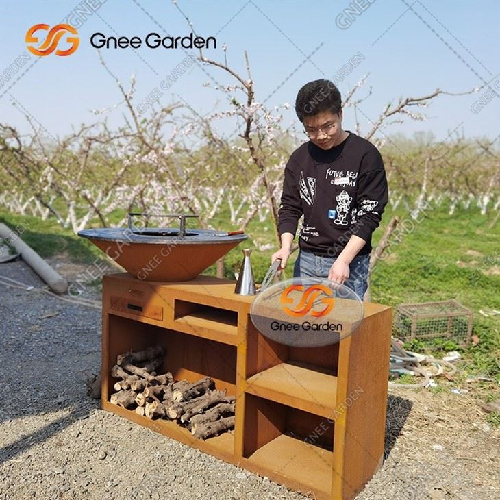 Wood Burning Cooking Stove Bbq Charcoal Grill And Pan Corten Steel Fire Pit With Log Storage